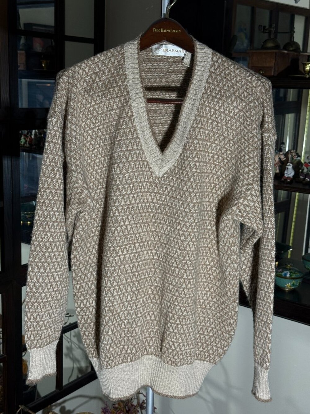Braemar 100 % Alpaca Soft Wool Knit Mens Sweater Natural Beige Size L NEW 038933